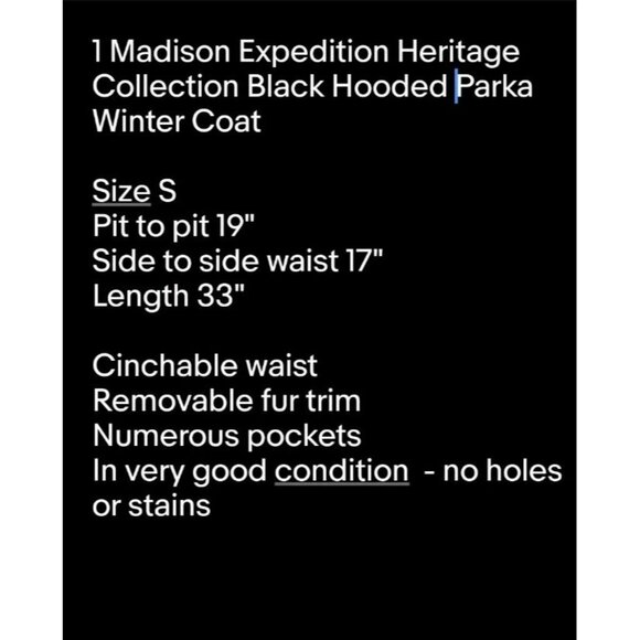 1 Madison Expedition Heritage Collection Black Hooded Parka Winter Coat Sz S - Picture 9 of 9